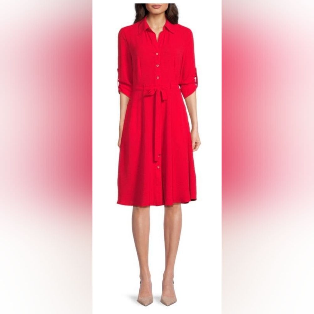 Sharagano dress women 14 RED Three-quarter sleeves Button front A-line